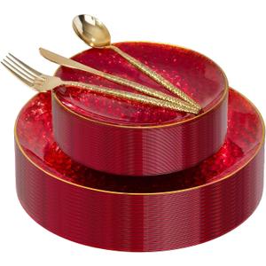I00000 150Pcs Red Plastic Plates with Gold Rim,Fancy Plastic Plates,Red hammer patterned Disposable plates Set include 30 Dinner Plate,30 Dessert Plate,90 plastic Silverware Set for Valentine's Day