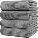 POLYTE 430 GSM Microfiber Oversize Quick Dry Lint Free Bath Towel, 60 x 30 in, 4 Pack (Waffle Weave) (Gray)