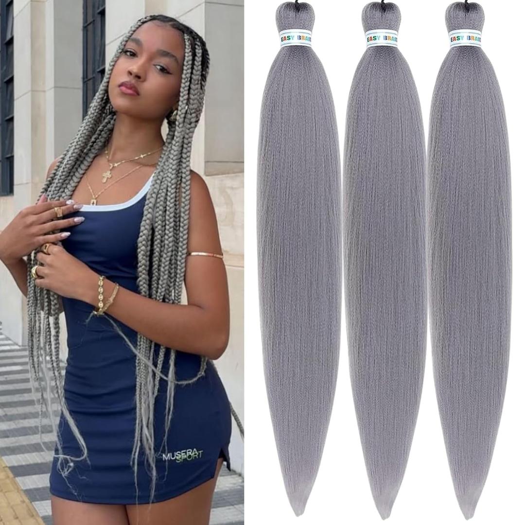 Gray Braiding Hair Pre stretched Prefeathered 30inch Synthetic Yaki Ez Braid Braiding Hair (Grey-Grey)