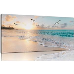 Beach Wall Art Decor for Living Room Ocean Canvas Picture for Wall Gold Sunset Painting for Bedroom Blue Seascape Theme Art Print for Bathroom Home Office Decoration Ready to Hang(20"x40")