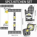 5 Pieces Buffalo Plaid Kitchen Towels Oven Mitts and Pot Holder Set Black and White Kitchen Towels Oven Gloves, Hot Pads Pot Holders for Farm House Accessories Decor(Lemon)