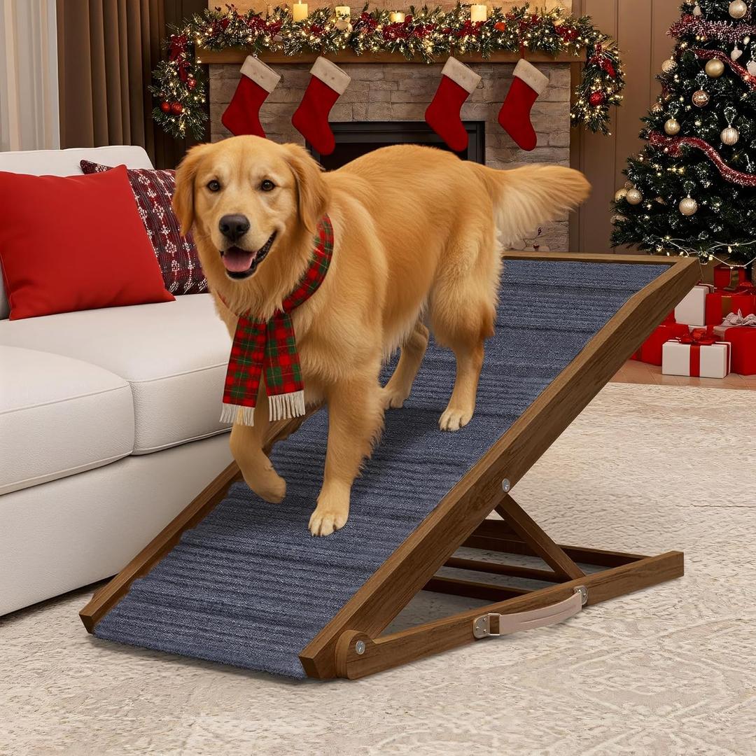 Adjustable Dog Ramp for Bed - Foldable Wooden Ramp for Dogs to Get on Bed, Couch, or Car with 16.5" Wide Walking Space (Walnut Wood with Gray Carpet, Large)