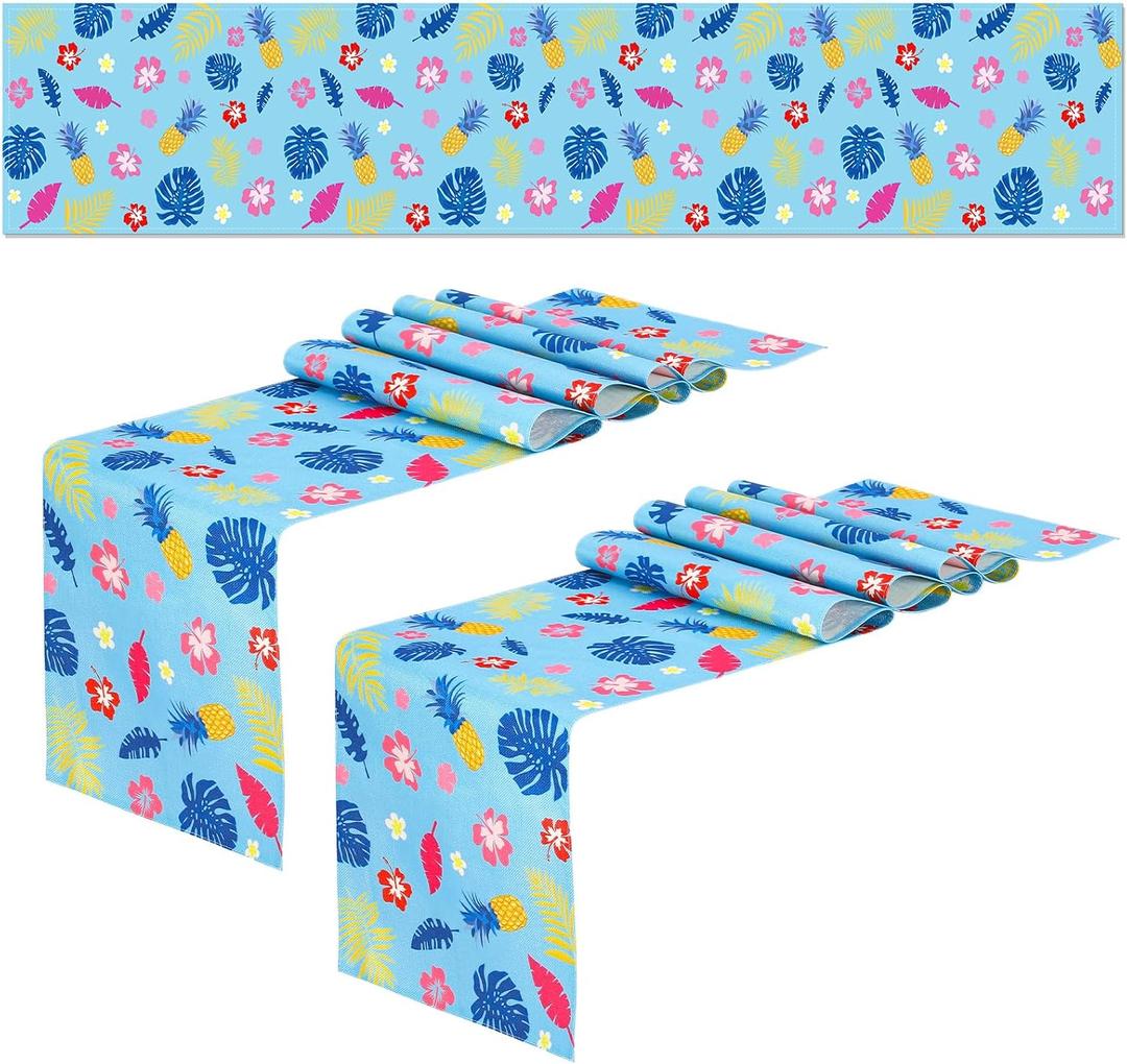2 Pcs Cartoon Hawaii Tablecloths Tropical Palm Leaves Tablecloth Blue Hibiscus Birthday Party Table Runner 72 x 13 Inch Blue Table Covers for Birthday Party Supplies