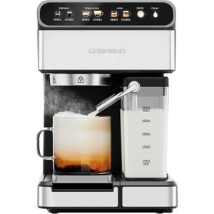 Chefman CafMaster Pro Espresso Machine, Brew Single or Double Shots, Coffee Maker with Built-In Milk Frother for Cappuccino & Latte, XL 1.8 Liter Removable Water Reservoir - Stainless Steel