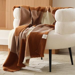 Double Stitch Alpaca Wool Throw Blanket - Warm, Soft Blanket for Couch, Luxury & Decorative Fleece Throw, Fall Plaid, Gift for Mother's Day, House Warming, 50" x 60", Harvest Brown & Cream