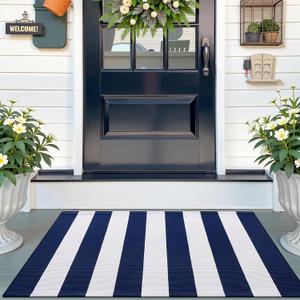 OLANLY Navy and White Striped Rug 2'4" x 3'7" (27.5" x 43")  Washable Cotton Indoor Outdoor Doormat for Front Door, Entryway, Kitchen, Porch, Patio Decor