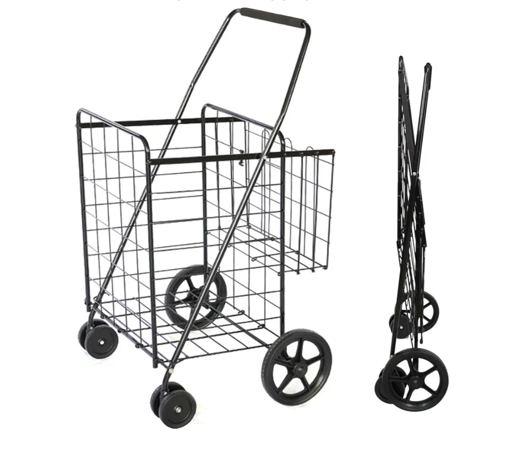 VEVOR Folding Shopping Cart, Jumbo Grocery Utility Cart with Double Baskets, 360° Swivel Wheels, 110 LBS Large Capacity Heavy Duty for Laundry, Shopping, Grocery, Luggage, Black