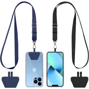 CACOE Phone Lanyard 2 Pcs Adjustable Neck Strap,4 Pcs Patches,Universal Crossbody Multifuctional Patch Polyester Lanyards Compatible with Most Smartphones(Black+Dark Blue)