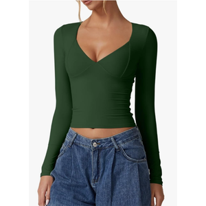 QINSEN Women's Long Sleeve V Neck T Shirts Double Lined Crop Top Seamed Cup Going Out Tops, Size Small