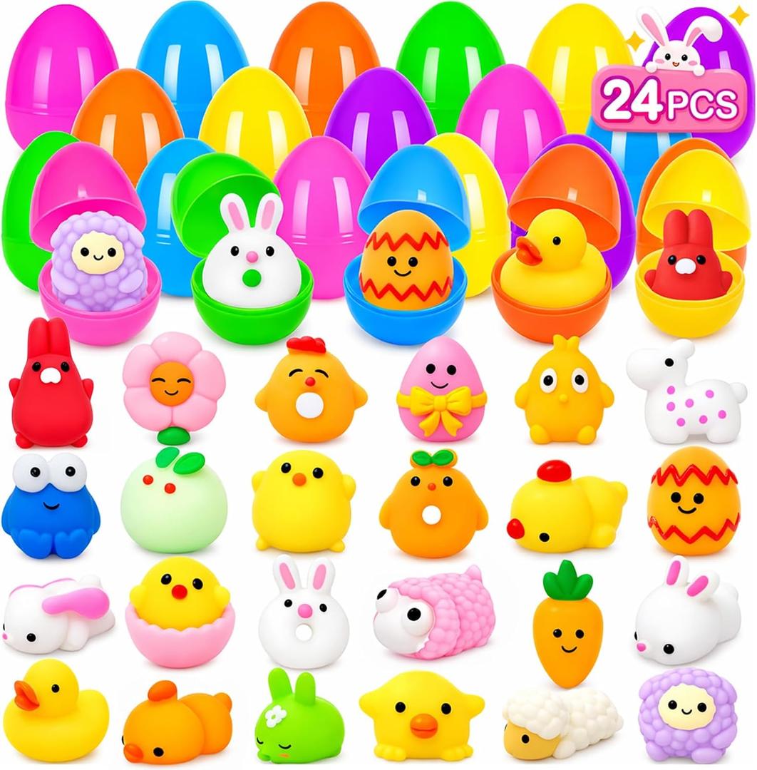 24 Pack Easter Egg Fillers Mochi Squishies Toys, Easter Eggs Hunts Filling Easter Basket Stuffers Squeeze Stress Relief Toys for Kids Toddler Teens Boys Girls