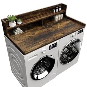 FZGhome Washer Dryer Countertop, 54" x 27.55" 2-Tier Washer Dryer Topper with Edge, for Laundry Room Organization Rustic Brown