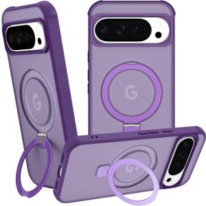 Magnetic Compatible with Google Pixel 10 Pro XL Case with Stand [Military Grade Drop Tested][Compatible with Magnet] Ring Translucent Slim Hard Back Soft Edge, Purple