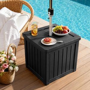 Outdoor Umbrella Base, Patio Side Table with Hole, Outdoor Planter Box, 3-in-1 Umbrella Stand, Fillable 48L Weighted HDPE Decorative Umbrella Holder for Garden Lawn & Pool Side, Black