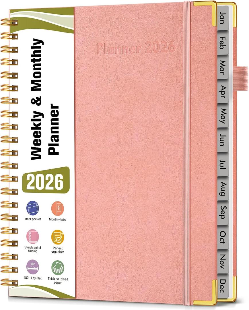 2026 Planner, Hardcover Leather Weekly and Monthly Planner, January 2026 - December 2026, Spiral Yearly Agenda Organizer Book 2026 with Tabs, Daily Calendar Planners for School Work Home, A4 (8.5" x 11"), Pink