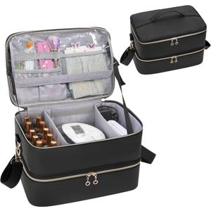 Ethereal Nail Polish Organizer Case, Leather Nail Polish Bag Holds 50+ Bottles (5ml/0.5fl.oz) and Nail Lamp, Nail Storage Organizer with Compartment, Leather Black