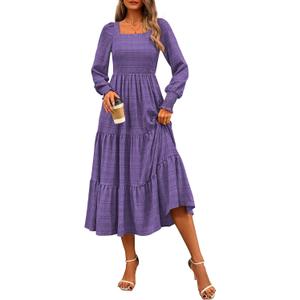 CFLONGE Women's Fall Dresses 2025 Puff Long Sleeve Square Neck Dress High Waist Smocked A-Line Flowy Wedding Party Maxi Dress (Purple, XL)