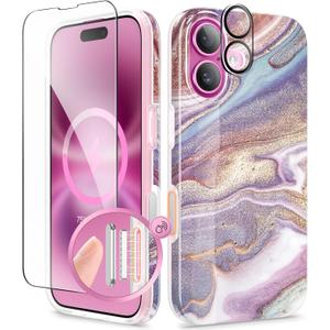 GVIEWIN for iPhone 16 Case Compatible with MagSafe, with Screen & Lens Protectors, Military-Grade Protection Slim Marble Shockproof Magnetic Phone Case for 16 6.1", Flowing Sakura/Pink