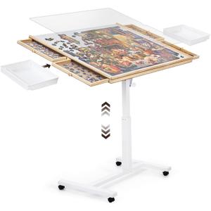 ropoda 1500 PCS Jigsaw Puzzle Table with Drawers and Single-Pedestal,35"x 26.8" Angle & Height Adjustable Wooden Puzzle Borad with 6 Drawers &Cover& 4 Roller Wheels, Large