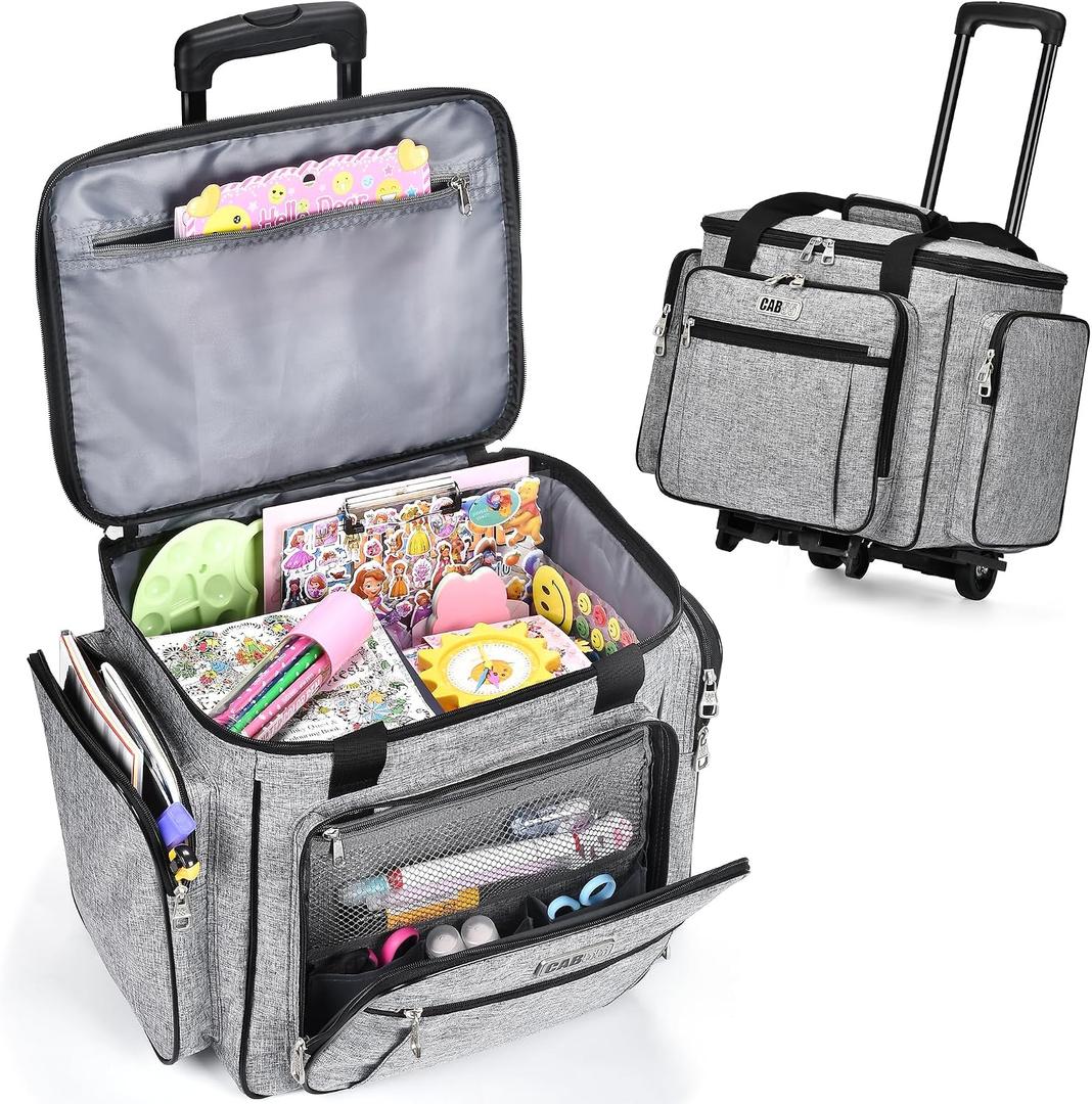 CAB55 Rolling Craft Bag, Tote Bag with Wheels for Women, Rolling Teacher Bag with Removable Folding Hand Truck (Grey), 17 x 12 x 12 inches