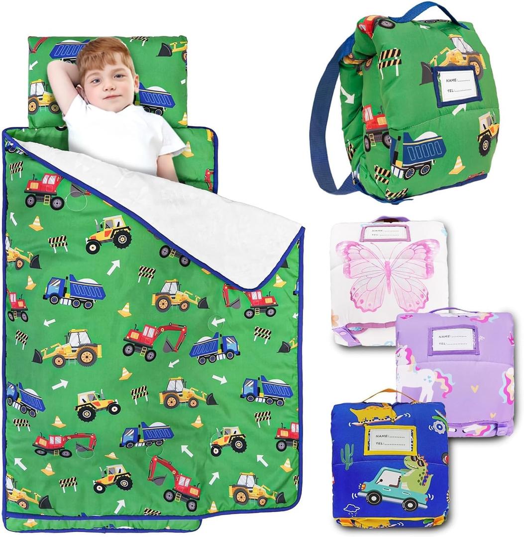 Primlect Toddler Nap Mat with Removable Pillow and Flannel Blanket, Portable Sleep Bag for Kids, Easy to Roll up, Washable, Perfect for Daycare, Preschool, Boys and Girls, 3-6 Years