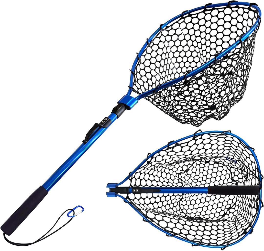 Foldable Rubber Fishing Net with Handle 37 47 Red Blue Telescoping Fish Net - Adjustable Length Lightweigh Collapsible Extendable Fishing Net (1-section pole|net depth 30cm|length:37.4")