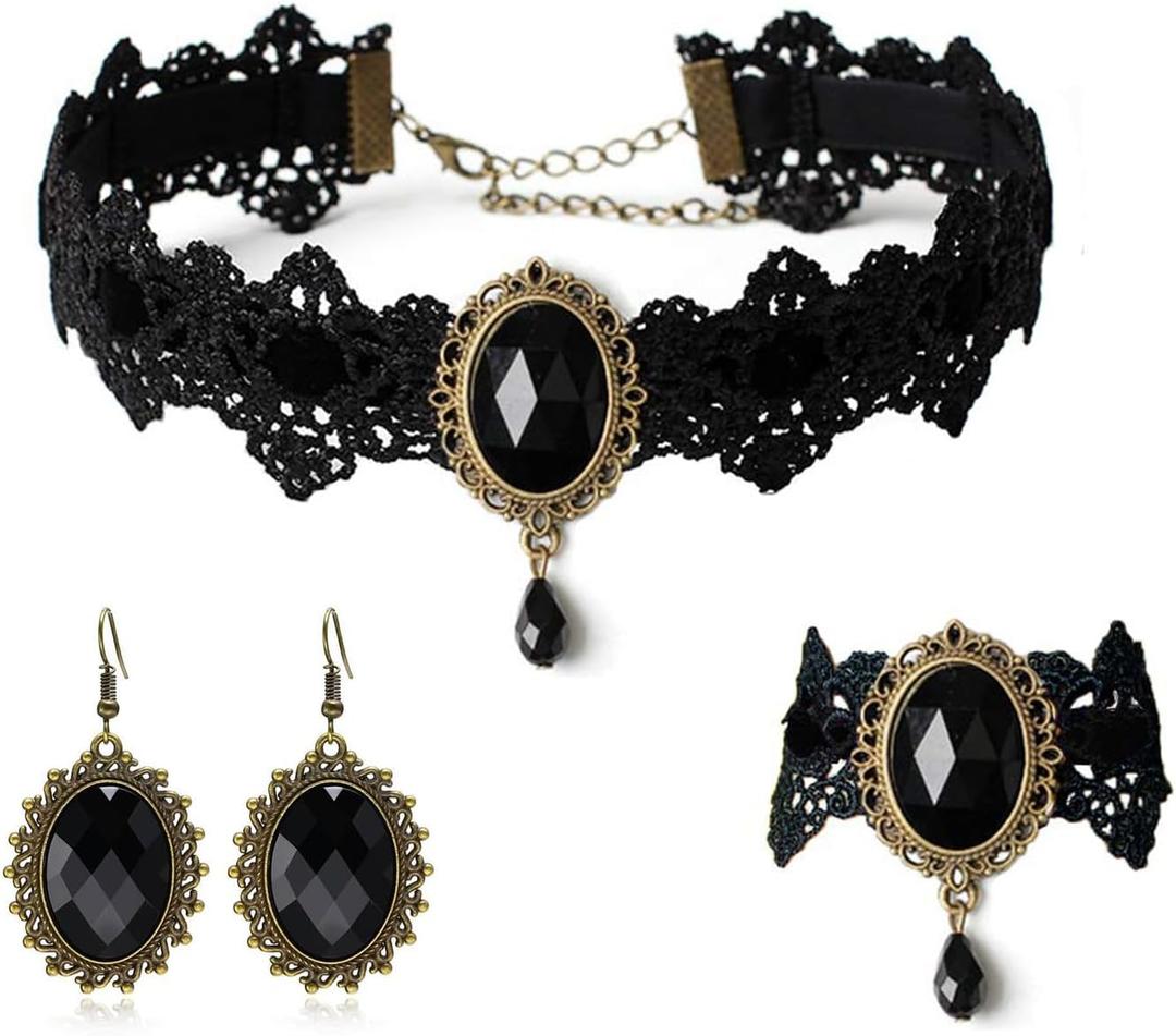 Gothic Victorian Style Vampire Choker Necklace Bracelet Earrings Set, Halloween Pirate Steampunk Witch Vampire Costume Accessories Jewelry for Women, Adjustable Size (Black-Style 1)