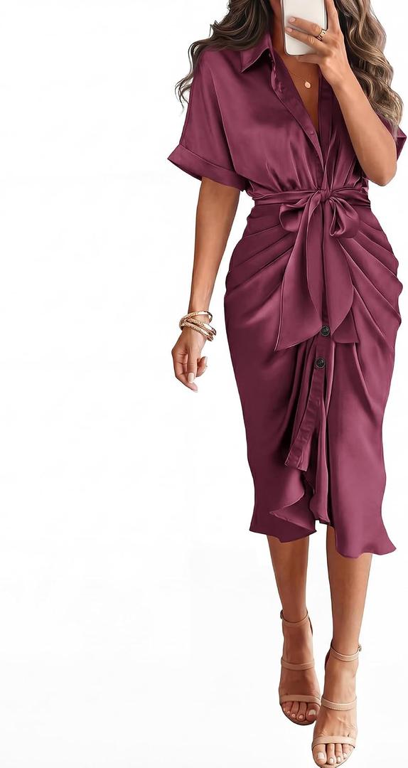 BTFBM Dresses for Women Summer Button Short Sleeve Silk Satin Ruched Spring Maxi Dress 2026 Cocktail Party Wedding (Pink, M)
