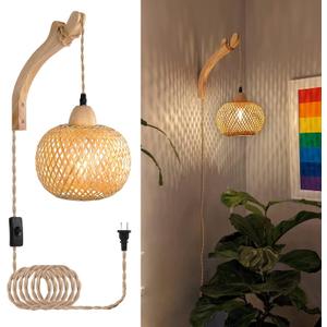 Frideko Bamboo Lantern Plug in Wall Sconces Wicker Wall Lamp with Plug in Cord Hand Woven Rattan Wall Light Farmhouse Rustic Wall Sconces Boho Sconces Wall Lighting for Living Room Bedroom (Orange)