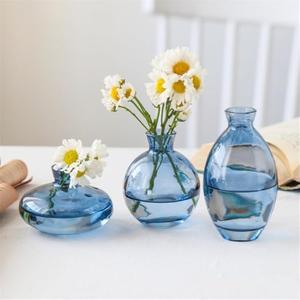 Lavandi Small Glass vase, Transparent Creative hydroponic Dried Flower vase, Colorful Three-Piece Set of Decorative Ornaments（Blue）
