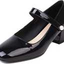 Naiyee Mary Jane Shoes Women Chunky Heel Ankle Strap Dress Shoes for Women Low Heels Close Rounded Toe Pumps (8, Black Patent)