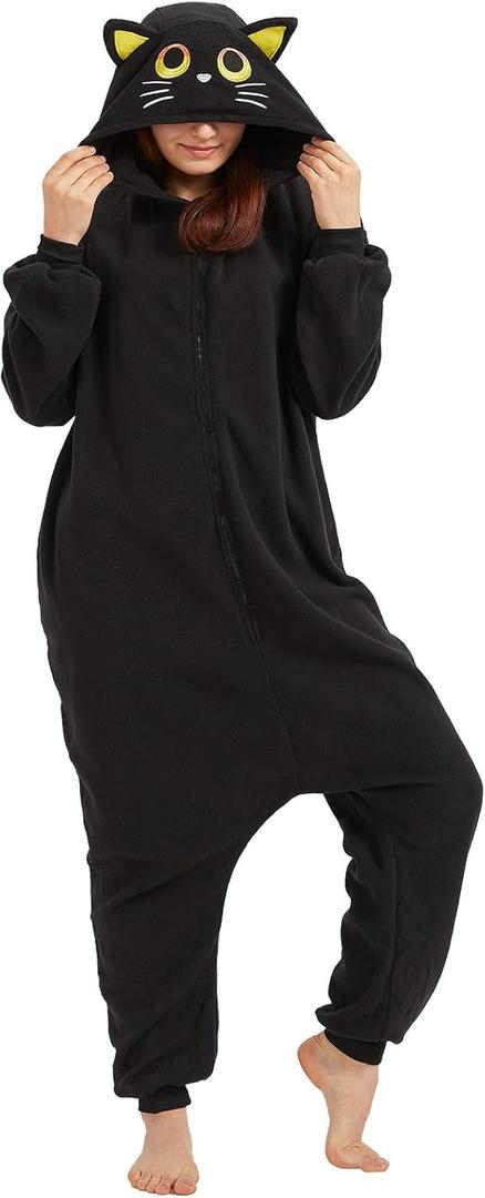 Cozy Black Cat Onesie Pajamas for Adults Halloween Costume One-Piece Cosplay Christmas Sleepwear (Large)