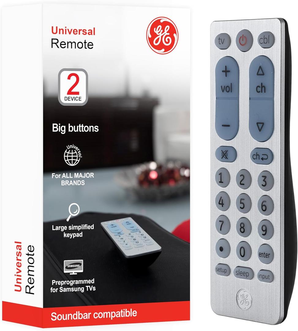 GE Big Button Universal Remote Control for Samsung, Vizio, Lg, Sony, Sharp, Roku, Apple TV, TCL, Panasonic, Smart TVs, Streaming Players, Blu-Ray, DVD, 2-Device, Silver, 33701
