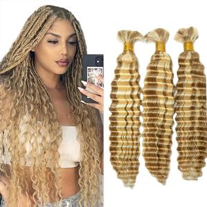 P27/613 Highlight Blonde Human Braiding Hair for Boho Braids 22 22 22 Inch Vingin Honey Blonde Deep Curly Bulk Hair Human Hair Extensions for Braids 150g 3 Bundles