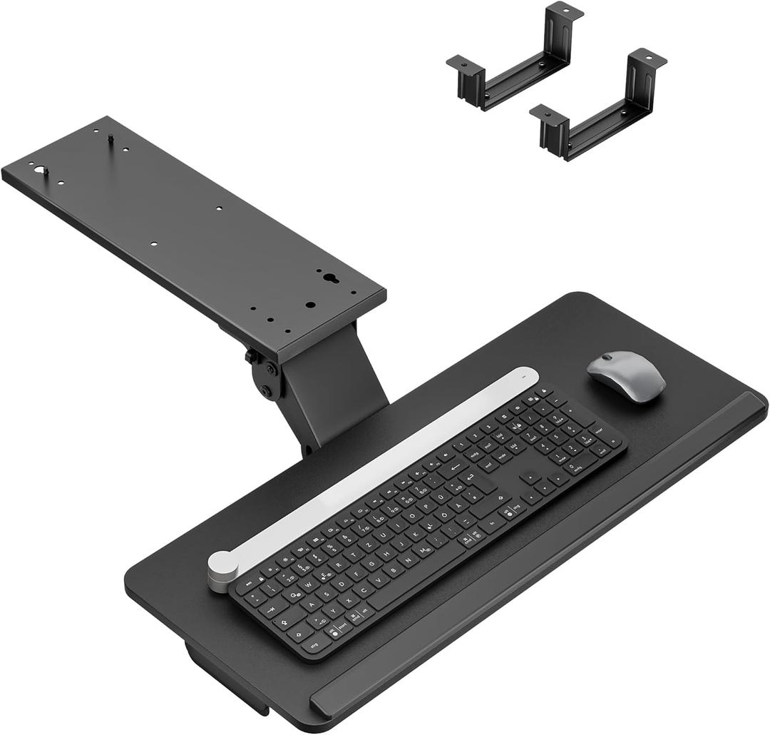 Keyboard Tray Under Desk with Storage Drawer, Height Adjustable Keyboard Tray Slide Out Swivel Tilt, Ergonomic Under Desk Mount Keyboard & Mouse Holder for Gaming Home Office, 25x11'', Black