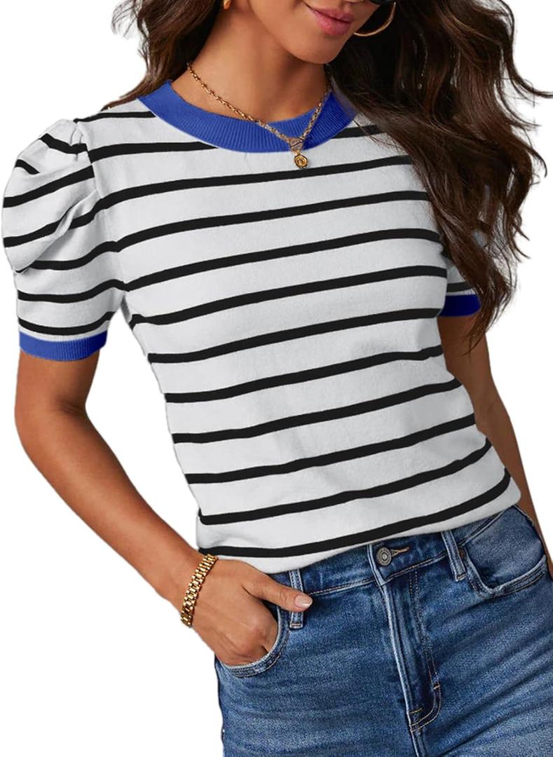 Dokotoo Women's Short Puff Sleeve Knit Tops 2025 Trendy Crewneck Striped T Shirts Casual Summer Blouses, (White Blue, 2XL)
