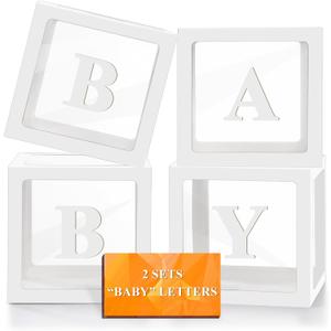 Ledido Baby Boxes with Letters for Baby Shower Decorations, 4 pcs Clear Baby Balloon Boxes Blocks for Baby Shower Decor with Letters for Boy Girl Gender Reveal Decorations Backdrop Party (White)