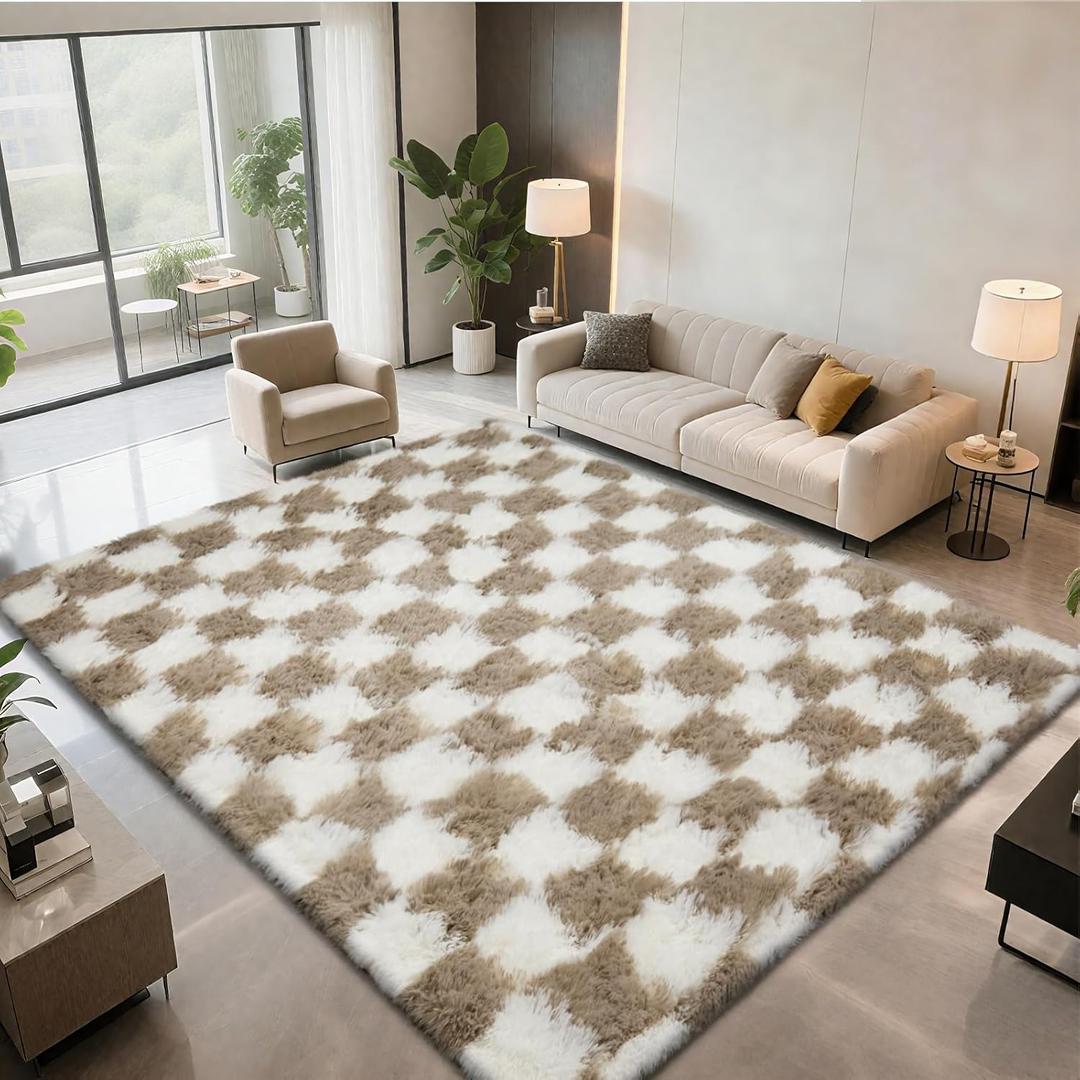 Checkered Area Rugs for Bedroom 5x8, Fluffy Beige and White Checkered Rug Fuzzy Shag Shaggy Carpets for Living Room, Soft Plush Furry Rug for Boy Girls Room Dorm Home Decor