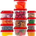 IRIS USA 24 PC Plastic Food Storage Containers With Lids | 12 Extra Small Containers & 12 Lids | For Sides Snack Fruit Dips Condiments, Microwave Dishwasher Freezer Safe, Clear/Red