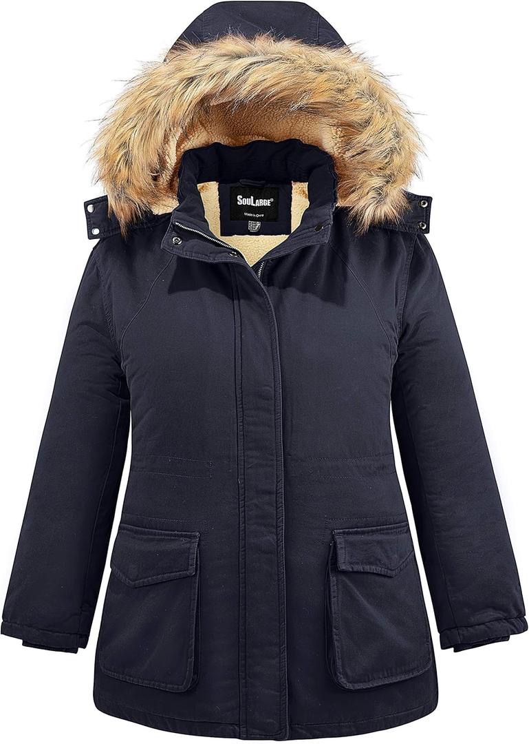 Soularge Women's Winter Plus Size Sherpa Lined Jacket with Detachable Hood (3X, Navy)