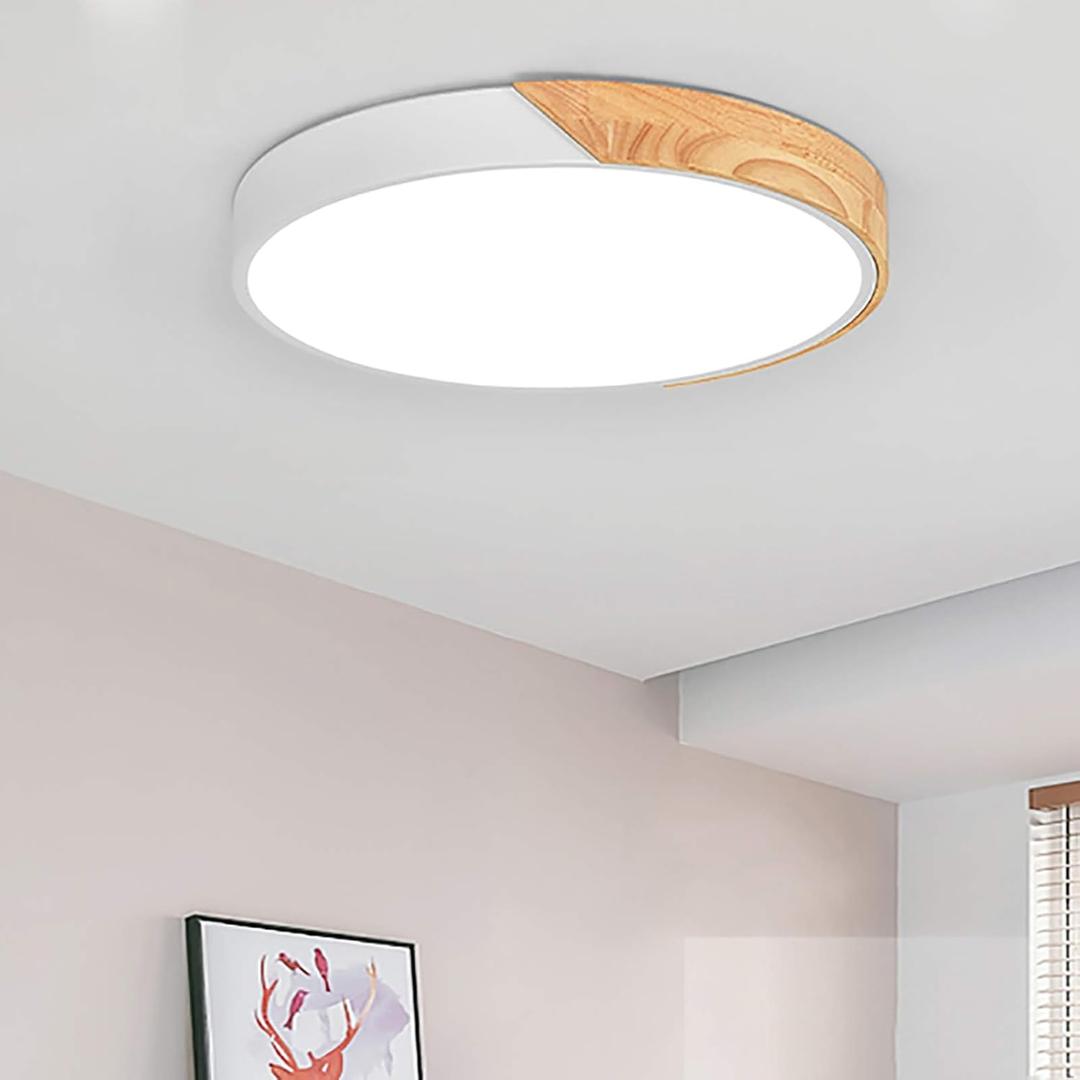 EDISLIVE Dimmable LED Ceiling Light 15 inch Modern Minimalist LED Round Shaped Wood & Metal & Acrylic Flush Mount Ceiling Light with Remote Control White