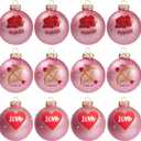 DN DECONATION 12Pcs Valentines Day Ball Ornaments, Pink Red Glass Ball Ornament with Rose Heart Love for Valentine's Tree Decor Wedding Party Supplies Hanging Baubles Decoration