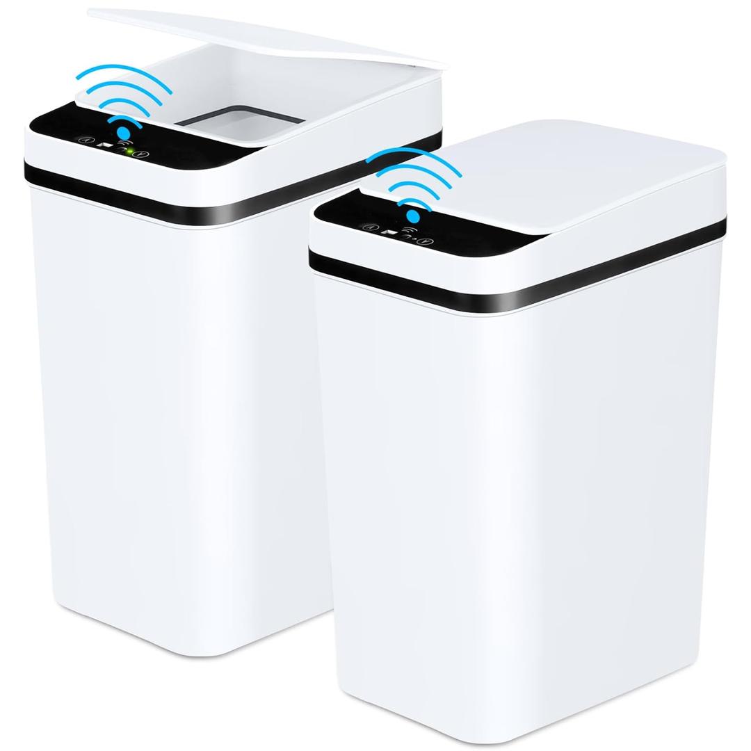 Bathroom Trash Cans with Lid 2 Pack 2.2 Gallon Touchless Automatic Motion Sensor Small Slim Garbage Can, Smart Electric Narrow Garbage Bin for Bedroom Office Kitchen (White)