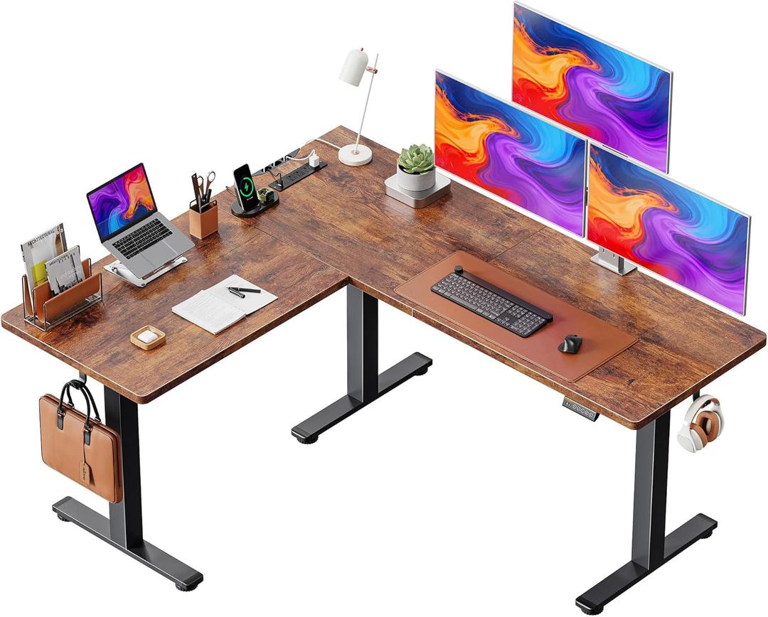 Huuger L Shaped Standing Desk with Power Outlets, 63 x 55 Inch Height Adjustable Computer Desk for Bedroom, Corner Stand up Desk for Home and Office, Work and Study, Rustic Brown