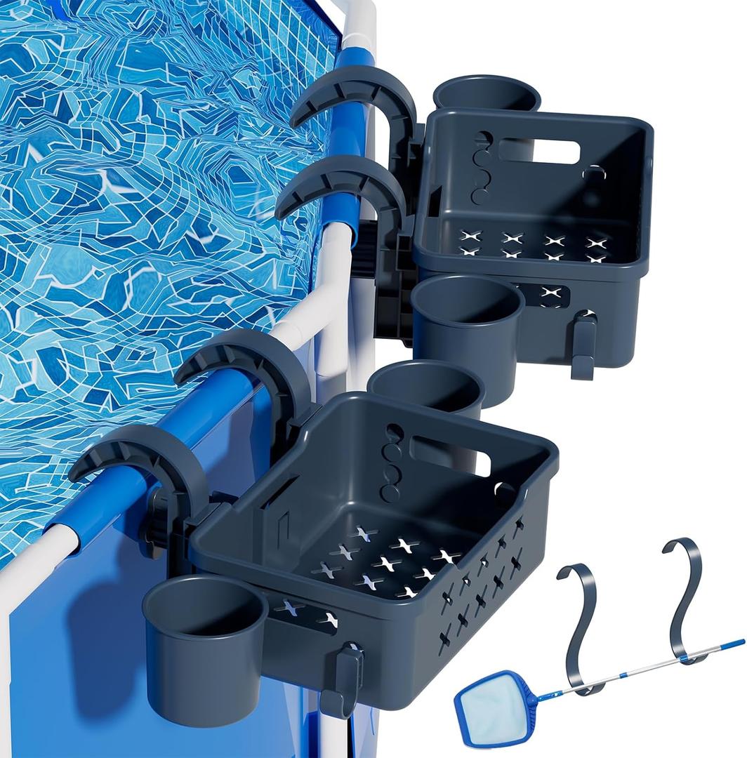 2 Sets Poolside Storage Basket Above Ground Pool Accessories for Most Frame Pools to Organize Towel, 2025 Upgrade Swimming Pool Storage Basket with 2 Skimmer Net Holder 4 Pool Cup Holder