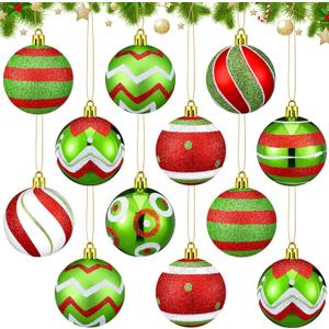 24 Pcs Glitter Christmas Tree Ball Ornaments Red and Green Christmas Tree Decoration 2.36 Inches Elf Lime Green Christmas Hanging Ornaments Plastic Stripe Dot Christmas Decorations for Home Indoor (Multi Color)