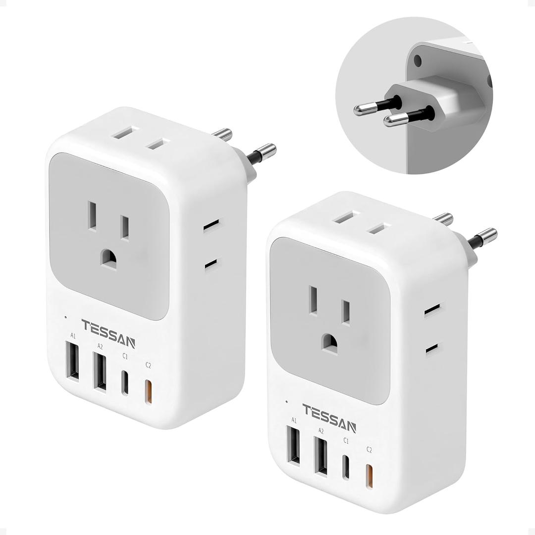 TESSAN European Travel Plug Adapter 2 Pack, PD 20W Adapter for Europe Plug with 4 AC Outlets 4 USB (2 USB C), Type C Adaptor for US to Europe, Italy, Spain, France, Portugal, Greece, Iceland, Germany, White