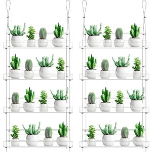 Ziliny 2 Pcs 16 Inch 4Tier Clear Hanging Window Plant Shelves Acrylic Height Adjustable Plant Stand Hanger Flower Pot Organizer Storage for Indoor Window Wall Garden Grow Herb Succulent