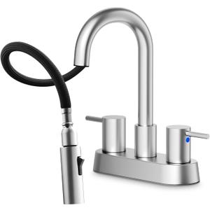 Stainless Steel Brushed Nickel Bathroom Faucet with Pull Out Sprayer, Dual-Function Spout Bathroom Sink Faucets, 4 Inch Two Handle Utility Sink Faucet with Sprayer 3 Hole, Pet Shower, RVs