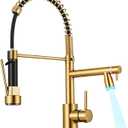 LED Kitchen Faucet with Pull Down Sprayer - Brushed Gold Single Handle Commercial Kitchen Faucets, 2-Spout Kitchen Sink Faucet, Stainless Steel Spring Pull Out Sink Faucet 1/3 Hole