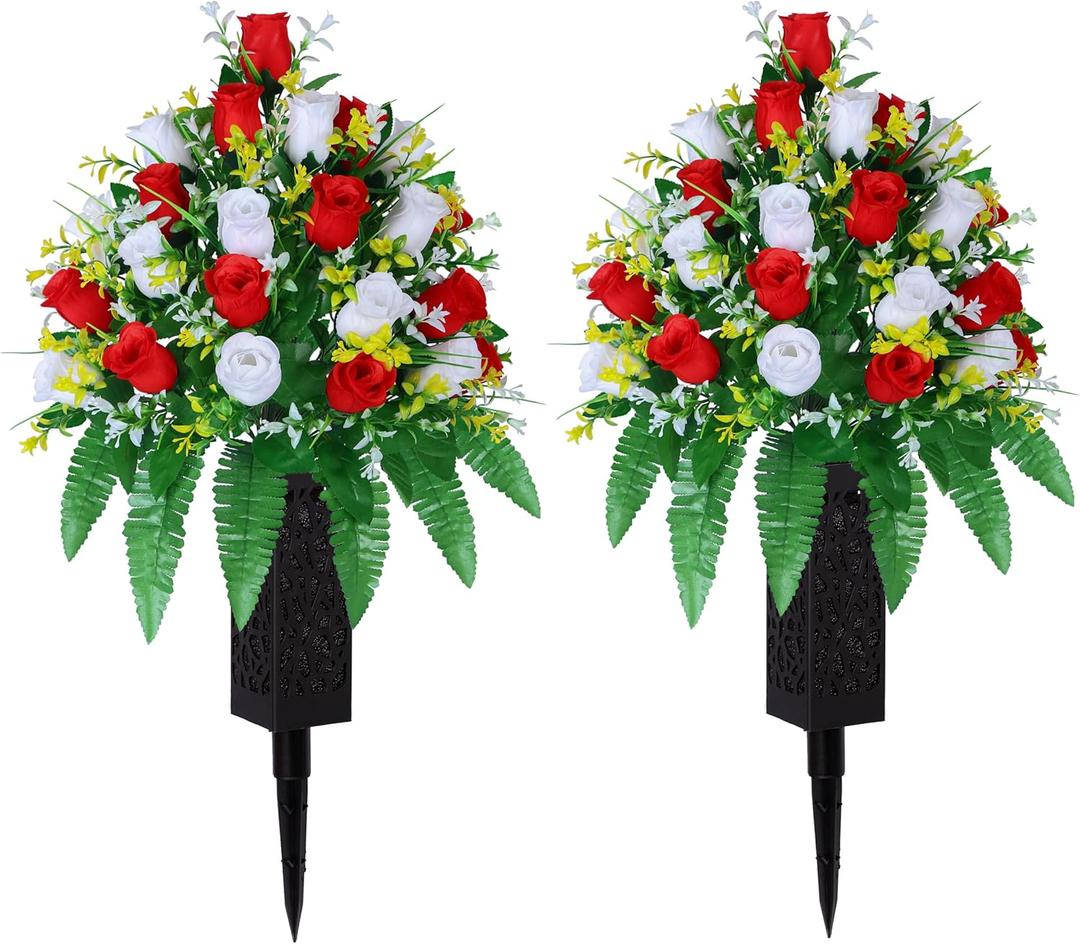 Artificial Cemetery Flowers, Gravesite Decoration Roses, Memorial Bouquets with Cemetery Vase, Vibrant and Long-Lasting Colors (Red + White, 2 Bundles)